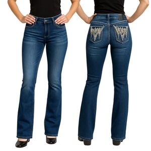 Live Hard Jeans 6 Blue Embroidered Pockets White Stitching Mid Rise Stretch Boho